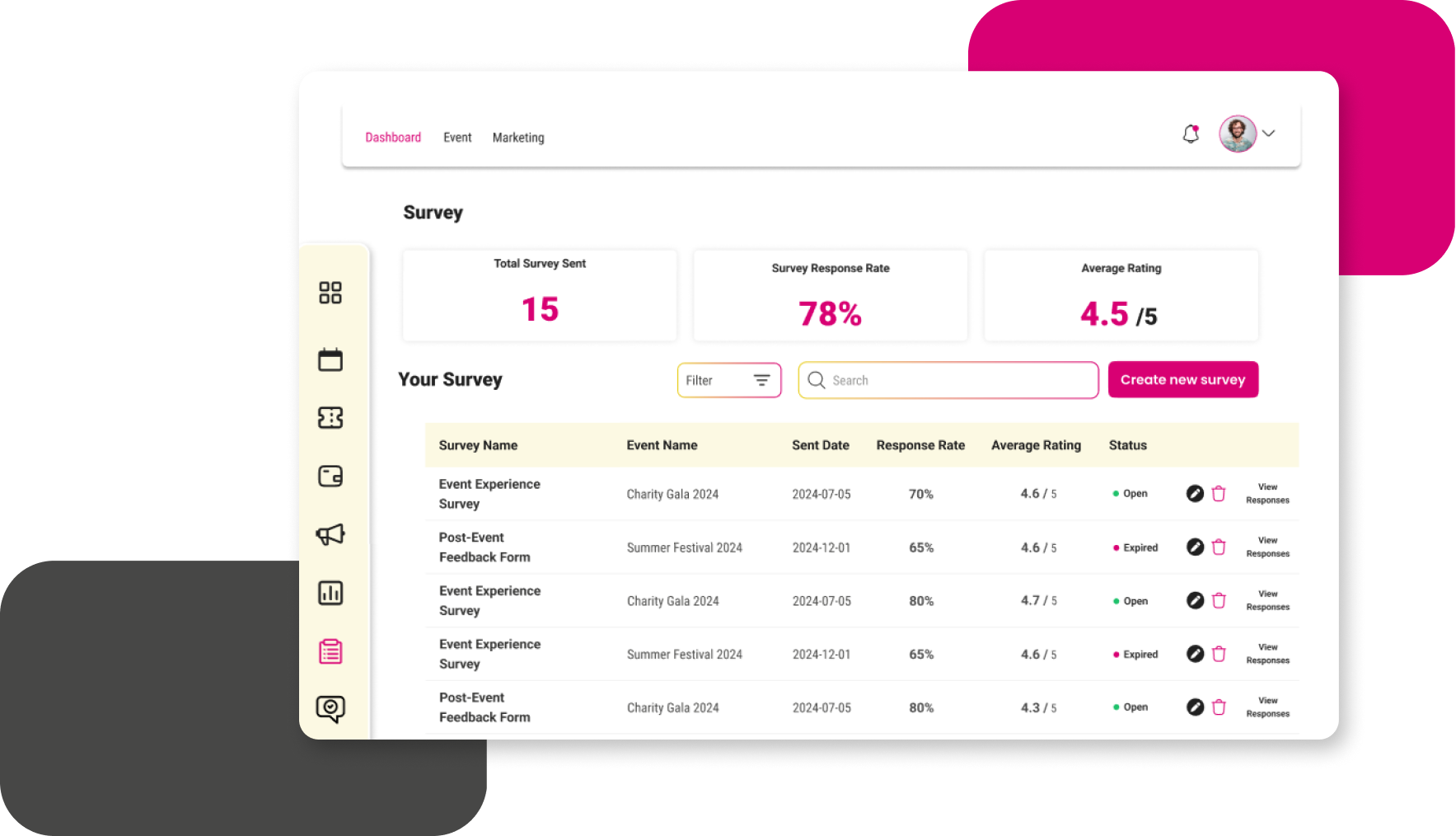 Capture valuable feedback with Eveenty's built-in surveys